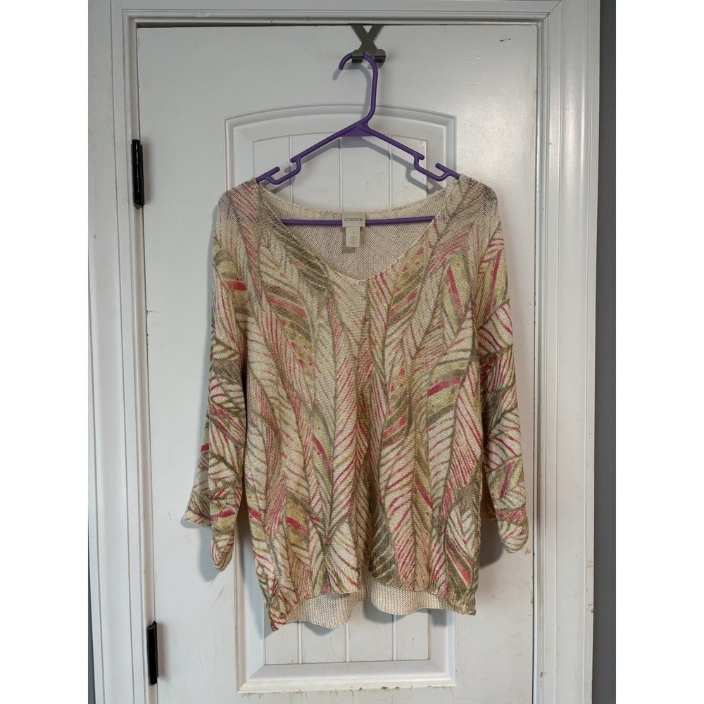Chicos V Neck Tropical Sweater Size 1‎